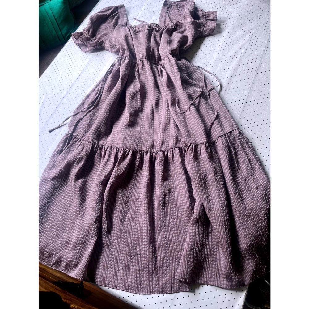 Madewell Dress Womens M Dusty Mauve Plaid Puff Sleeve Tiered Midi MF151 NWT - Picture 2 of 10